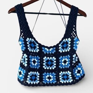 Sincerely Jules Crochet Crop Top Women's XL Boho Granny Squares Cottagecore Blue